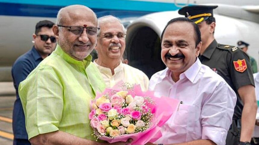 Vice President C P Radhakrishnan being received by Kerala Governor Rajendra Viswanath Arlekar and state Chief Minister VD Satheesan on his arrival, at the Cochin International Airport