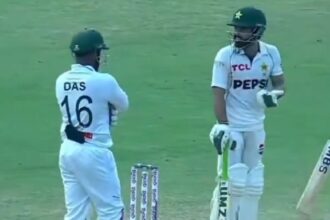 Pakistan’s Mohammad Rizwan and Bangladesh wicketkeeper Litton Das argue on the fourth day of the second Test. (Screengrab via X)