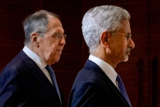 S Jaishankar, right, with Russian Foreign Minister Sergey Lavrov during the BRICS Foreign Ministers’ Meeting, at Bharat Mandapam in New Delhi