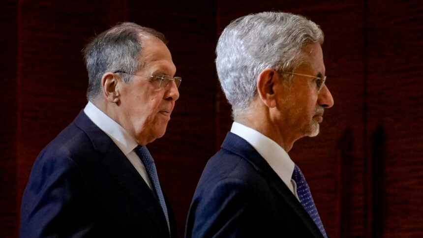 S Jaishankar, right, with Russian Foreign Minister Sergey Lavrov during the BRICS Foreign Ministers’ Meeting, at Bharat Mandapam in New Delhi
