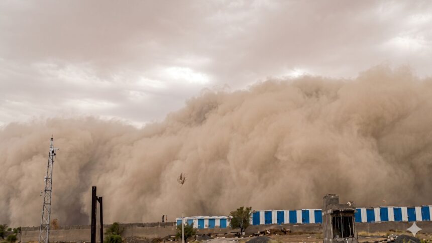A colossal dust cloud rolled across Churu, creating apocalyptic scenes as strong winds carried sand across the landscape.