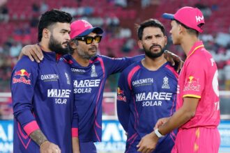 (L-R) Rajasthan Royals' skipper Riyan Parag with head coach Kumar Sangakkara, Dhruv Jurel and Yashasvi Jaiswal. (CREIMAS FOR IPL)
