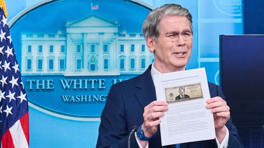 Treasury Secretary Scott Bessent holds up an image of the proposed 250 dollar bill, while speaking to reporters in the James Brady Press Briefing Room at the White House. (AP Photo)