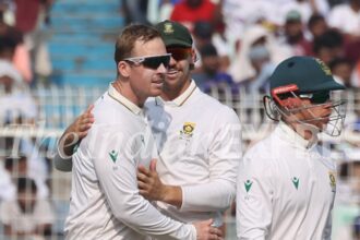South African spinner Simon Harmer in action. (EXPRESS PHOTO by Partha Paul)