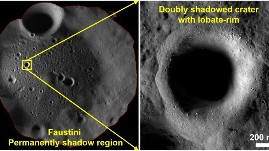 One of the strongest ice candidates identified in the study is a small 1.1-kilometre-wide crater located inside the larger Faustini crater near the lunar south pole. (Image: ISRO)