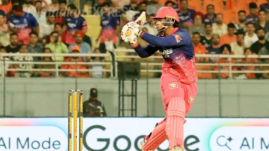 Vaibhav Sooryavanshi's 29-ball 97, 72 off which came in maximums, expedited Rajasthan Royals to 243 for 8, a total Sunrisers Hyderabad fell short by 47 runs. (Express Photo by Kamleshwar Singh)