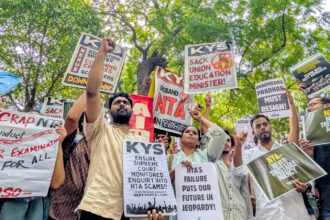Students protest against the NEET(UG) paper leak, in New Delhi