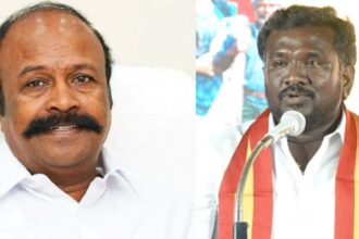 TVK’s Seenivasa Sethupathy R (right) and K.R. Periyakaruppan. (File)