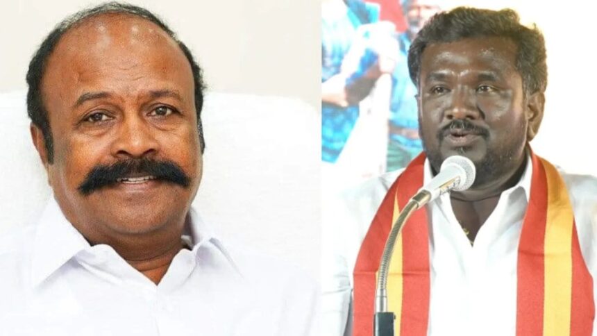 TVK’s Seenivasa Sethupathy R (right) and K.R. Periyakaruppan. (File)