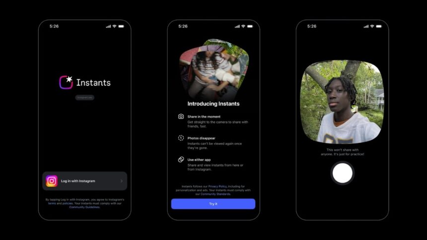 Instagram is also testing a standalone Instants app that opens directly into the camera for faster sharing. (Image: Meta)