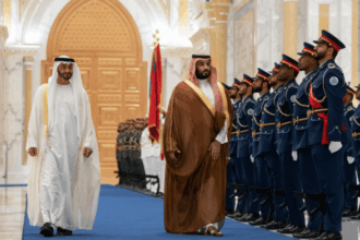 File photo of Saudi Crown Prince Mohammed bin Salman (right) inspecting the guard of honour next to Abu Dhabi Crown Prince Mohammed bin Zayed al-Nahyan in Abu Dhabi, UAE in 2019 | Credit: Rashed Al Mansoori/Ministry of Presidential Affairs via AP