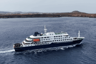 A drone view of the cruise ship MV Hondius carrying passengers suspected of having hantavirus. | Reuters