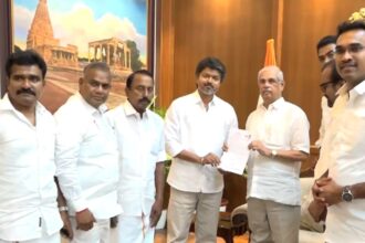 TVK chief Vijay meets governor Rajendra Vishwanath Arlekar and stakes claim to form Tamil Nadu government.