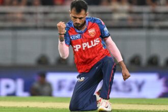 Punjab Kings' Yuzvendra Chahal celebrates the wicket of Rajasthan Royals' captain Riyan Parag during the Indian Premier League cricket match between Rajasthan Royals and Punjab Kings in New Chandigarh, India, Tuesday, April 28, 2026.(AP Photo)