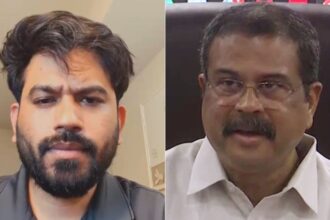 CJP founder Abhijeet Dipke and Union Education Minister Dharmendra Pradhan. (Screengrab/ANI)