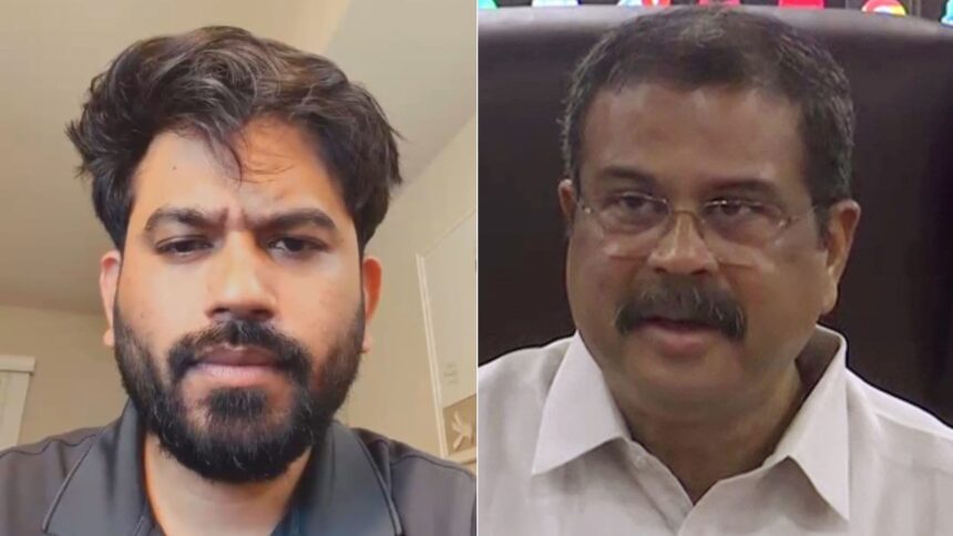 CJP founder Abhijeet Dipke and Union Education Minister Dharmendra Pradhan. (Screengrab/ANI)