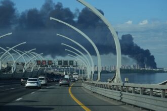 Smoke rises over St Petersburg after Ukrainian drone strikes.