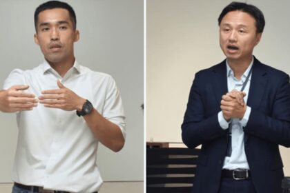 Arnold Su (left), Vice President, ASUS India, and Peter Chang (right), General Manager, Asia Pacific, System Business Group, speak during a media briefing in Taipei, Taiwan, ahead of Computex 2026.