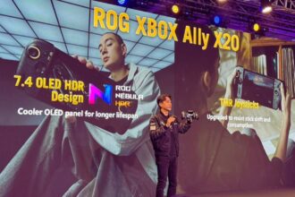 Kris Huang, General Manager of ASUS Gaming and Workspace Gear Business Unit, showcases the ROG Xbox Ally X20 during the ROG 20th anniversary event in Taipei, Taiwan. (Image: Bijin Jose/The Indian Express)