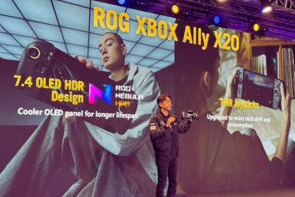 Kris Huang, General Manager of ASUS Gaming and Workspace Gear Business Unit, showcases the ROG Xbox Ally X20 during the ROG 20th anniversary event in Taipei, Taiwan. (Image: Bijin Jose/The Indian Express)