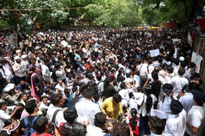 Cockroach Janta Party (CJP) founder Abhijeet Dipke led a protest at Jantar Mantar in New Delhi on Saturday, (Express Photo by Gajendra Yadav)