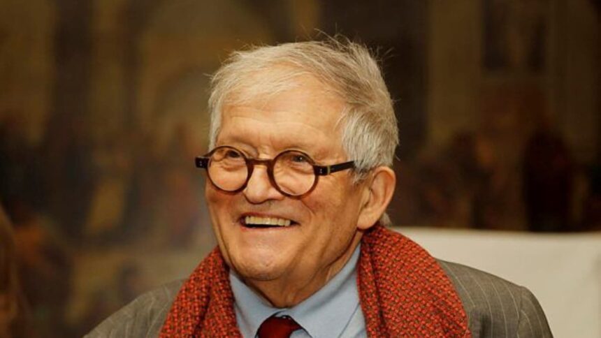 Artist David Hockney after unveiling the bottle design for the 2014 vintage wine of Château Mouton Rothschild in London, Friday, Feb. 3, 2017. (AP Photo