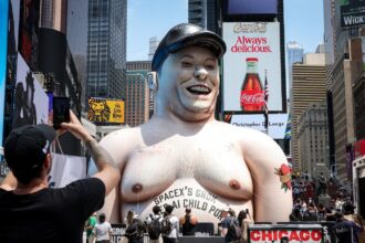 A giant inflatable caricature of Elon Musk stands in Times Square criticizing Grok, the artificial intelligence chatbot developed by xAI, in New York City, on June 11, 2026. (REUTERS)