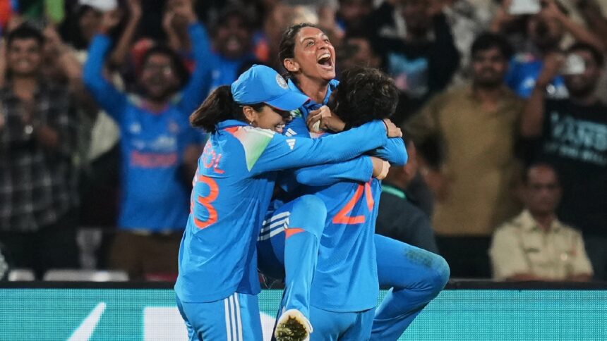 India's captain Harmanpreet Kaur, celebrates with teammates after winning the ICC Women's World Cup final against South Africa in November. (AP Photo)