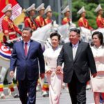 Chinese President Xi Jinping, and his wife Peng Liyuan, accompanied by North Korean leader Kim Jong Un, second right, and his wife his wife Ri Sol Ju attend a welcome ceremony in Pyongyang (PTI)