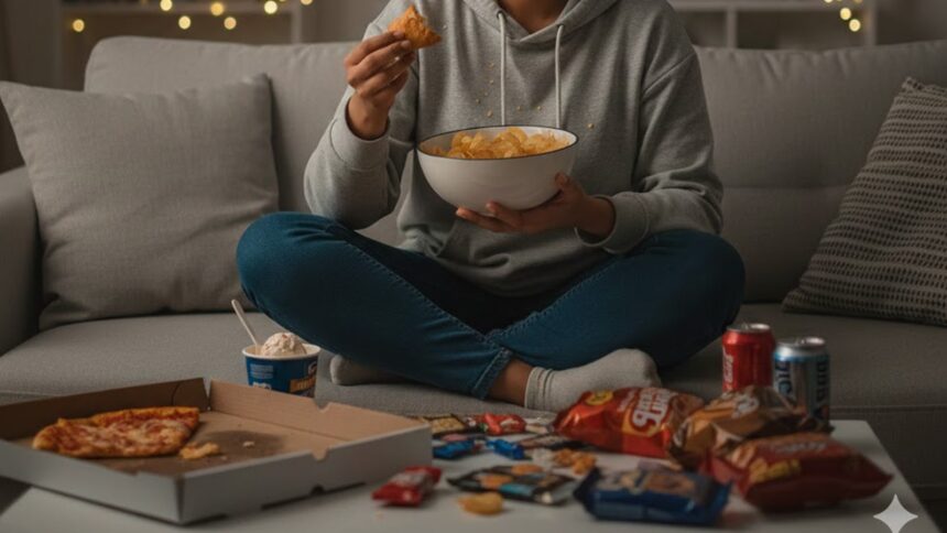 A woman indulging in late night eating that contributes to fatty liver