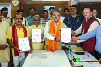 BJP candidates Rajneesh Agrawal, Tarun Chugh and Mahesh Kewat display their certificates of election as they receive them from the Returning Officer, having been declared elected unopposed to the Rajya Sabha from Madhya Pradesh. (ANI Photo)