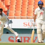 Manav Suthar bowls vs Afghanistan at Mullanpur on Sunday. (Express Photo | Kamleshwar Singh)