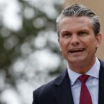 US Defense Secretary Pete Hegseth delivers a speech at the US cemetery to commemorate the 82nd anniversary of the D-Day landings, in Colleville-sur-Mer, Normandy, France, Saturday, June 6, 2026. (AP Photo)