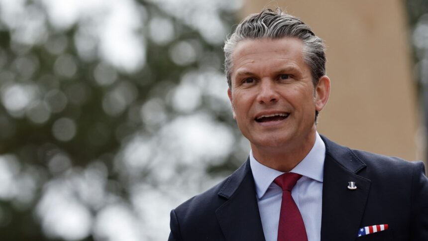 US Defense Secretary Pete Hegseth delivers a speech at the US cemetery to commemorate the 82nd anniversary of the D-Day landings, in Colleville-sur-Mer, Normandy, France, Saturday, June 6, 2026. (AP Photo)