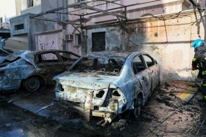 Vehicles caught fire and houses were damaged in Bahrain due to falling debris of drones interception. (X/@moi_bahrain)