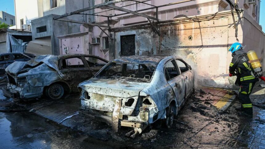Vehicles caught fire and houses were damaged in Bahrain due to falling debris of drones interception. (X/@moi_bahrain)