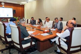 Union Defence Minister Rajnath Singh reviews the progress of major ongoing projects of Hindustan Aeronautics Limited (HAL) at a meeting, in New Delhi on Monday. Defence Secretary Rajesh Kumar Singh, Chief of Defence Staff (CDS) General N. S. Raja Subramani, and Chief of the Air Staff Air Chief Marshal Amar Preet Singh also present | Source: RMO/ANI