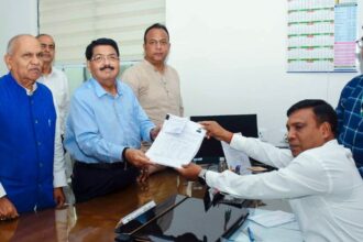 BJP candidate Parimal Nathwani files his nomination for the Rajya Sabha election 2026 in the presence of BJP MLAs Naveen Jaiswal and CP Singh at Vidhan Sabha, in Ranchi. (ANI Photo)