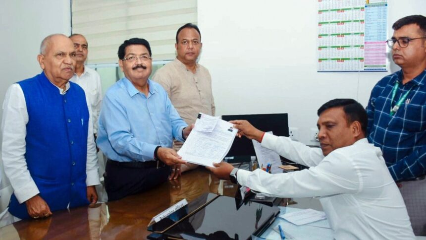 BJP candidate Parimal Nathwani files his nomination for the Rajya Sabha election 2026 in the presence of BJP MLAs Naveen Jaiswal and CP Singh at Vidhan Sabha, in Ranchi. (ANI Photo)
