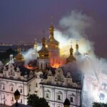 Rescue workers try to put out a fire at the Dormition Cathedral of thousand-year-old Monastery of Caves, also known as Kyiv Pechersk Lavra, following a Russian strike on Kyiv, Ukraine. (AP Photo)