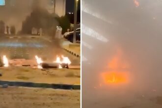 Debris lies on the floor as fire burns in the background, in the aftermath of Iranian strikes, according to the foreign ministry, at Kuwait International Airport in Kuwait City, Kuwait, June 3, 2026. (Reuters)