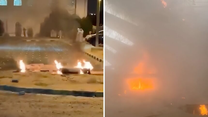 Debris lies on the floor as fire burns in the background, in the aftermath of Iranian strikes, according to the foreign ministry, at Kuwait International Airport in Kuwait City, Kuwait, June 3, 2026. (Reuters)