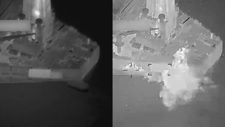 A US aircraft fired a Hellfire missile at the engine room of the Botswana-flagged M/T vessel. (X/@IRIMFA_SPOX)