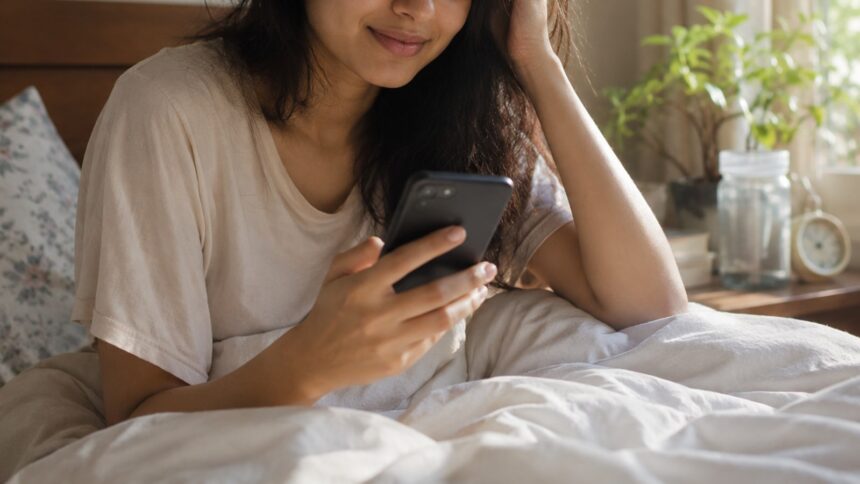 Woman using her phone right after waking up