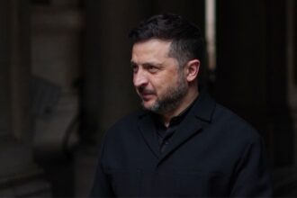 The President of Ukraine, Volodymyr Zelenskyy arrives for a meeting with the leaders of Britain, France and Germany in Downing Street in London. (AP Photo)