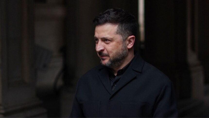 The President of Ukraine, Volodymyr Zelenskyy arrives for a meeting with the leaders of Britain, France and Germany in Downing Street in London. (AP Photo)