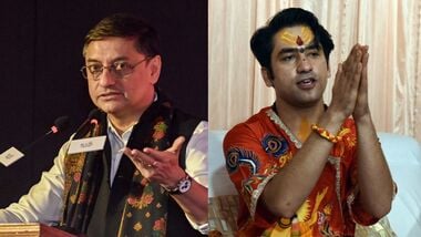 Sanjeev Sanyal (left) reacts to Dhirendra Shastri's 'appeal' over Durga Puja.