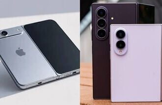 iPhone foldable unofficial leak (L) and Samsung fold (R).