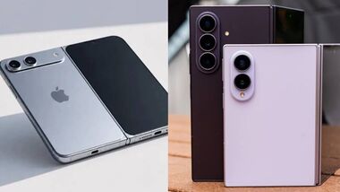 iPhone foldable unofficial leak (L) and Samsung fold (R).