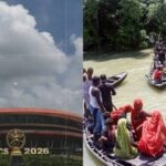 Clouds gather over Bharat Mandapam in New Delhi (L) and a latest picture of flood-affected district Purnia from Bihar (R).